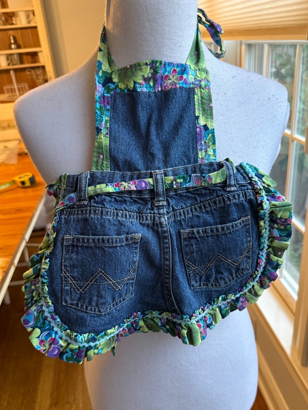 Handmade Upcycled Child’s Denim Jean Apron Floral Ruffle Cottagecore
